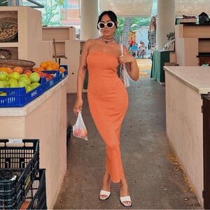 orange strapless bodycon dress